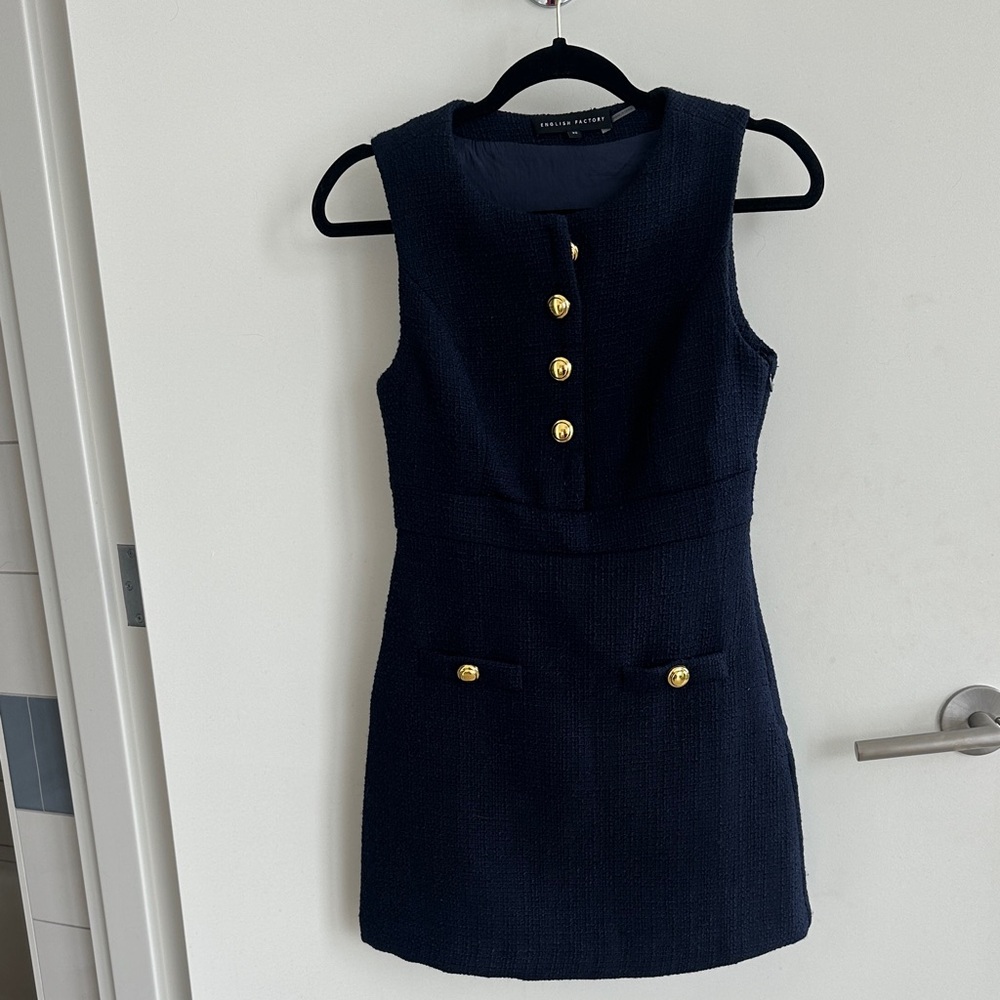 English Factory Dark Blue Mini Dress with Gold Accents